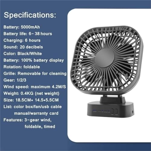 Ventilateur de bureau USB rechargeable 5000mAh à trois vitesses