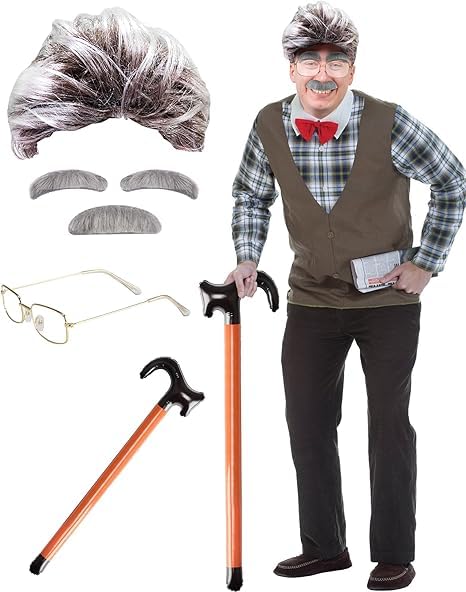 Old Man Costume Old Man Wig, Mustache, Eyebrows, Round Glasses and Inflatable Walking Stick, Men Halloween Carnival Novelty Props Old Professor Mad Scientist Albert Einstien Grandpa Costume