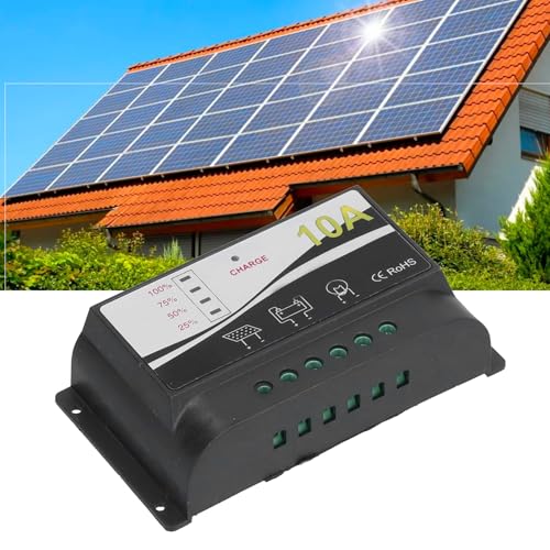 TICFOX Solar Lade und Entladeregler, Solar Ladegerät Controller, 12V/24V 10A Solar Laderegler Regler Haltbares ABS Gehäuse Solarpanel Ladegerät Entladeregler für Sonnenkollektoren und Batterien