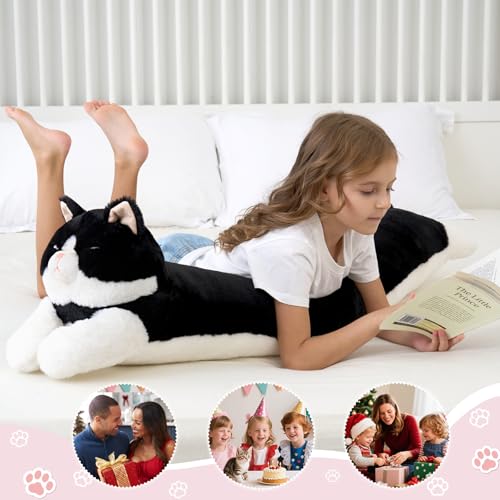 Image of 48inch Giant Cat Stuffed Animal Pillow, Cute Big Jumbo Black Cat Body Pillow Plush Toy, Large Cat Soft Fluffy Kitty Plushies Gift for Kids Boys Girls & Adult, Birthday