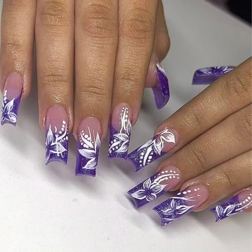 Long French Tip Press on Nails Flower Fake Nails Glitter Purple F...