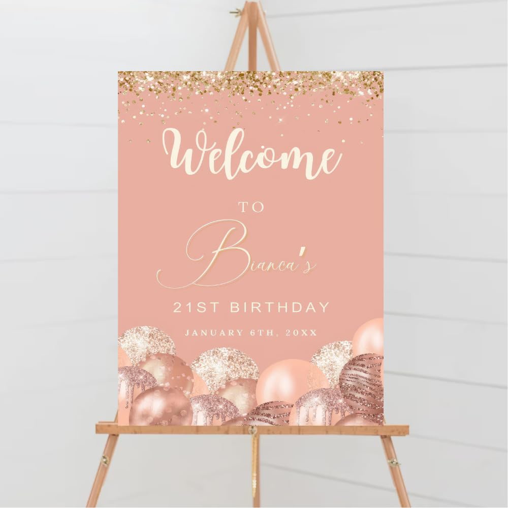 Customized Happy Birthday Welcome Sign, Birthday Welcome Poster Rosegold And Glitter Sparkle, Welcome Signage Decor, Birthday Party Welcome Sign