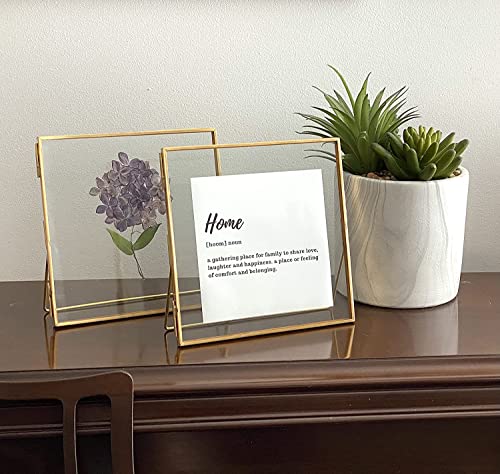 Beedecor Double Glass Frame For Pressed Flowers, Leaf And Artwork - Gold 6X6 Standing Square Metal Picture Frames, Tabletop Clear Floating Pressed Glass Frame, Home Decor Photo Display, Set Of 2 Pressed Flower Frames With Stand (Gold, 6X6) #TOP1