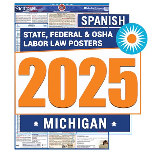Latest Michigan Labor Law Poster 2025- State, Federal, OSHA Compliant - Workplace Required Posting for Employees - Spanish OSHA Poster - UV Laminated Waterproof - 26