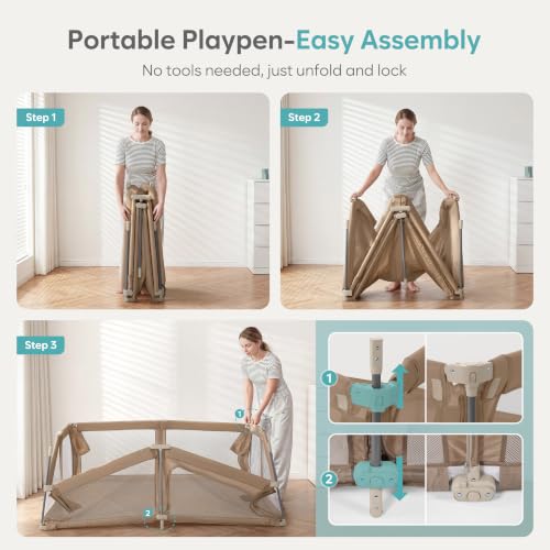 Image of Baby Playpen Portable, Pre-Assembled Play Pen 59x59 Large Foldable Playpen for Babies and Toddlers, Sturdy and Safe Toddler Play Yard Indoor Outdoor with Carry Bag, Dark Khaki