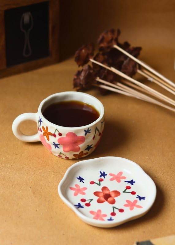 Image of WEAVING HOMES Handcrafted CeramicBloom Mug & Bloom Dessert Plate (Set of 2, Multicolor) - Coffee Mugs and Dessert Plates for Birthday Gifts, Mugs for Office and Travel