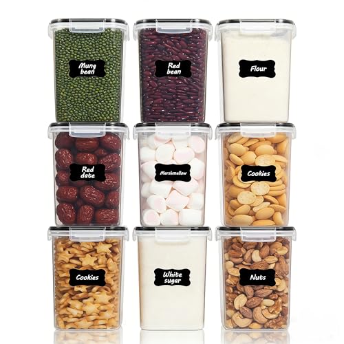 Vtopmart 2L Vorratsdosen Set, Müsli Schüttdose & Frischhaltedosen, BPA frei Kunststoff, luftdicht,Trockenfutterbehälter, Satz mit 9, 24 Etiketten für Getreide, Mehl, Zucker usw (Schwarz)