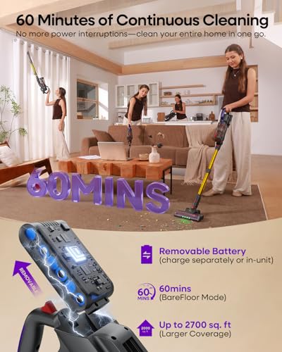 Image of AlloyMove Cordless Vacuum Cleaner 45KPA, Up to 60mins Runtime Lightweight Powerful Suction Vacuum Cleaners for Home, 3 Suction Modes, Rechargeable Stick Vacuum for All Floor /Carpet /Pet Hair /Car, A03