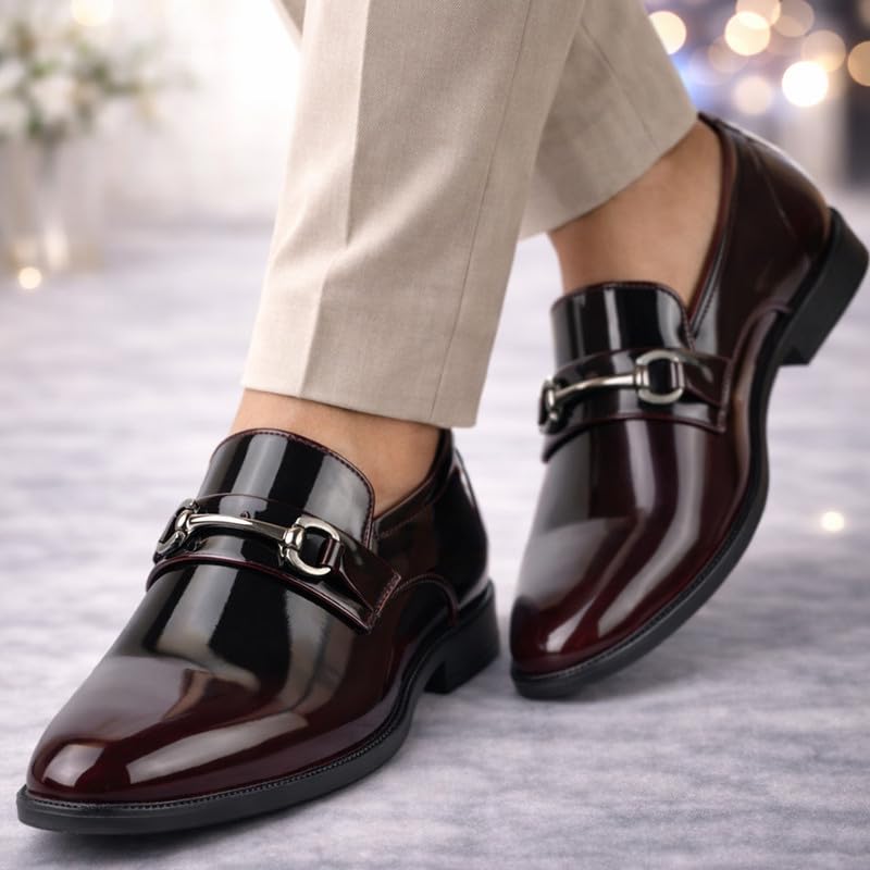 Image of FAUSTO Men Horsebit Buckle Patent Leather Party Formal Slip On Shoes | Extra Cushioned Insole Tuxedo Loafers for Wedding, Reception, Cocktail