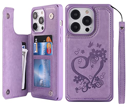 iCoverCase Compatible with iPhone 14 Pro Max Wallet Phone Case with Card Holder for Women RFID Blocking Embossed PU Leather Wrist Strap Case 6.7 Inch (Heart Purple)