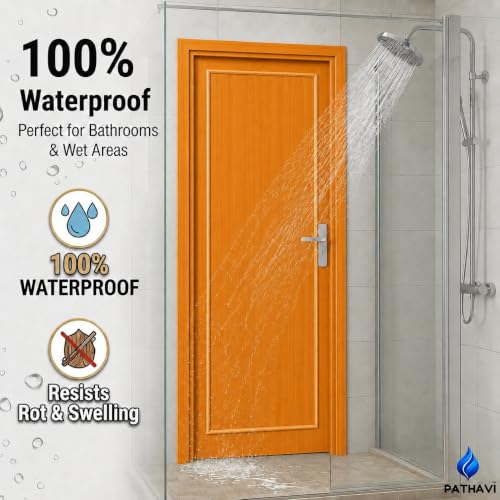 Image of PVC Door with Frame, 30 mm Thick, 27 x 81 Inches (2.25 x 6.75 ft), Light Brown Color, Waterproof, Termite Resistant, 550 Density, 12 kg