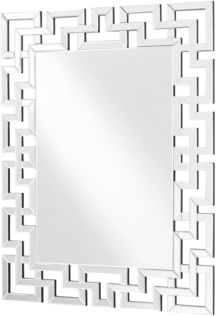 Pemberly Row 47.5" x 37.5" Rectangle Decorative Clear Mirror, Beveled Edge Panels, Contemporary Geometric Design, Elegant Textured Look, MDF Frame, Vertical Wall Mount for Home or Office Decor