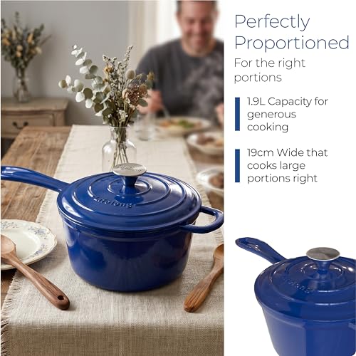 Image of Lifelong Enamel Cast Iron Saucepan with Lid (1.9L, 20cm) | Oven, Gas & Induction Compatible | Slow Cooking, Even Heat Distribution, Non-Toxic, Durable, Naturally Nonstick, No Stains or Scratch (Blue)