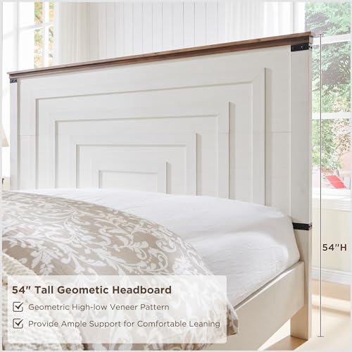 RedLemon-Farmhouse-Queen-Size-Bed-Frame-w-54-Tall-Geometric-Headboard-Rustic-Wood-Platform-Bed-w-2-Large-Storage-Drawers-Wood-Slats-Support-Noise-Free-No-Box-Spring-Needed-Antique-White RedLemon Farmhouse Queen Size Bed Frame w 54 Tall Geometric Headboard Rustic Wood Platform Bed w 2 Large Storage Drawers Wood Slats Support Noise Free No Box Spring Needed Antique White