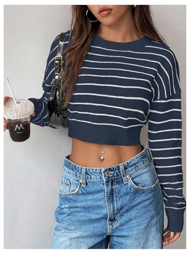 Image of Verdusa Women's Striped Y2k Crop Sweaters Crew Neck Long Sleeve Pullover Knitted Tops