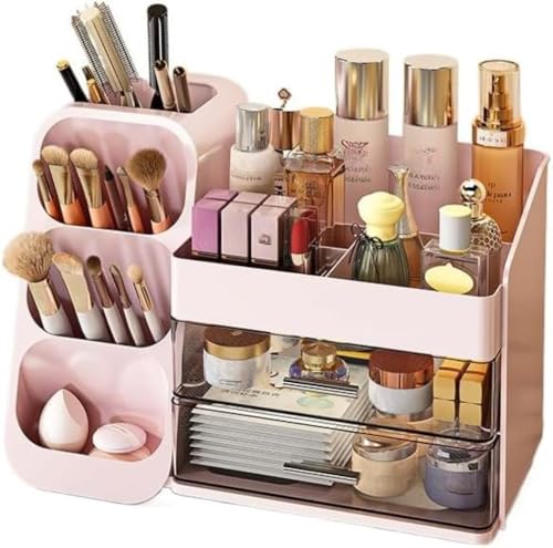 Xozilo 化粧品収納ボックス 引き出し付き 大容量 コスメケース ペン立て 多機能 アクセサリー/文房具仕分け 卓上収納ラック おしゃれ 省スペース メイク愛好家に最適 ホワイト (ピンク)