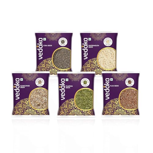 Image of Amazon Brand - Vedaka Raw Seeds Combo | 500G | 100 G Each - Watermelon Seeds, Chia Seeds, Pumpkin Seeds, Flax Seeds, Sunflower Seeds