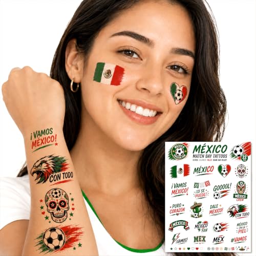 World Cup Soccer Face Temporary Tattoo Stickers for Soccer Fans National Flag Waterproof Tattoos for Face and Body Pre-Cut Mexico Stickers Game Day Party Favors 22 Designs (Mexico)
