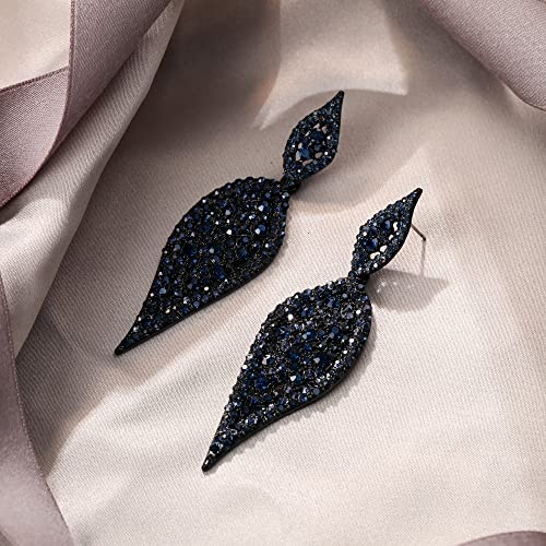 EVER FAITH Round Austrian Crystal 2 Leaf Ear Jewelry, Prom Pierced Drop Dangle Chandelier Earrings for Women Sapphire Blue Black-Tone by EVER FAITH - Used condition - Image 3