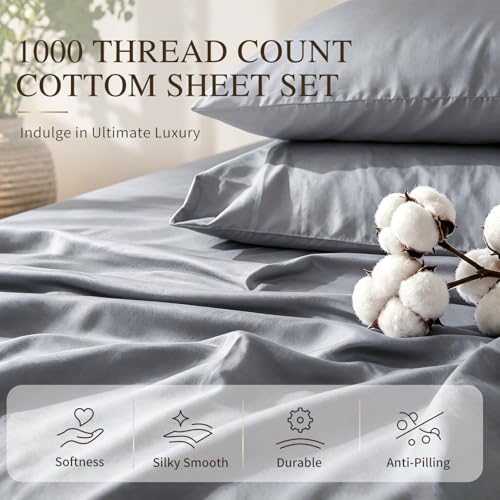 Image of MEISHANG 1000 Thread Count Cotton Sheets Queen Size - 100% Egyptian Cotton, Sateen Weave, Ultra Soft & Breathable Sateen, 16 inch Deep Pockets - 4 Piece (Queen, Grey)