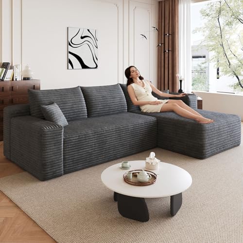 Image of 95 inch Modular Sectional Sofa, Modern Corduroy Cloud Couch with Side Pockets, Boneless Couch Upholstered 3-Seater L-Shaped Sofa for Living Room, No Assembly Required (Dark Gray,Right-Facing Chaise)