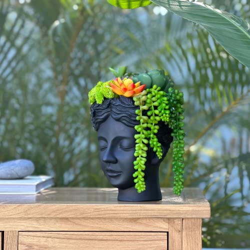 Head Planter For Flat Surface & Wall Mount - These Elegant Face Pots For Plants Come With Wall Hanging Hardware & Plastic Liner - Handmade Of Durable Resin For Indoors & Outdoors, Black #TOP6