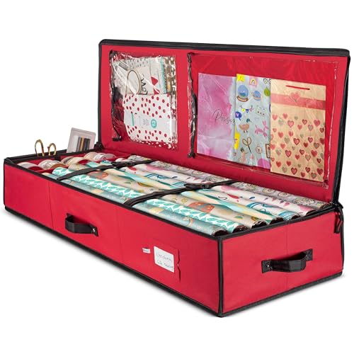 Premium Christmas Bauble Storage Box 600D Oxford Polyester Heavy-Duty Cardboard Dual Zipper 103cm 2 Clear Vinyl Pockets Dividers & Elastic Straps for Ornaments (Red)