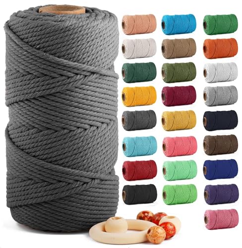 Image of ZUEXT Macrame Cord, Gray, 5mm x 109yds Cotton String Macrame Yarn | 100% Natural Handmade, 4 Strands Twisted Cotton Rope, For Wall Hanging Plant Hangers Gift Wrapping Tapestry DIY Crafts, 100m