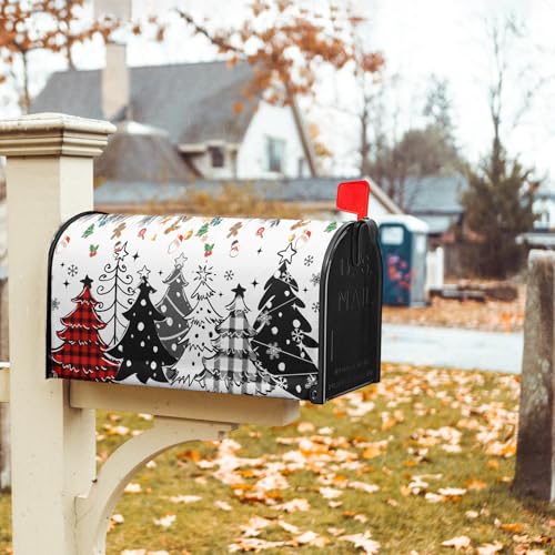 Image of Xmas Trees Mailbox Cover Magnetic 21 inchx18 inch Red Black Buffalo Plaids Falling Snowflakes Winter Collection Mailbox Wrap Post Cover Standard Size for Yard Garden Outside Holiday Decor