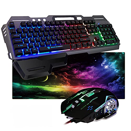 Gaming-Tastatur- und Maus-Set, großes Mauspad, Regenbogen-LED-Hintergrundbeleuchtung, 3200 dpi, LED-Atmung, hintergrundbeleuchtete Maus, grau und schwarz, matt, Handgelenkauflage, Handyhalterung Cover