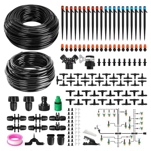 240FT DIY Automatic Drip Irrigation System Kits for Garden Plant Watering Misting System for Greenhouse Patio Lawn with Adjustable Drip Emitters 5/16" and 1/4" Irrigation Tubing Connectors Fittings