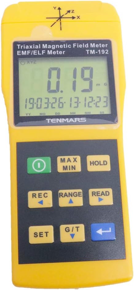 Front view of TENMARS TM-192 Electromagnetic Radiation Detector displaying 0.19 mG