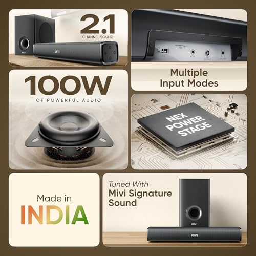 Image of Mivi Nex 100 Sound Bar for Smart TV | 90W 2.1 Channel Home Theatre Speaker with Subwoofer | Bluetooth v5.3 | Deep Bass | Music System for Wireless | Speaker Home Theatre | Made in India