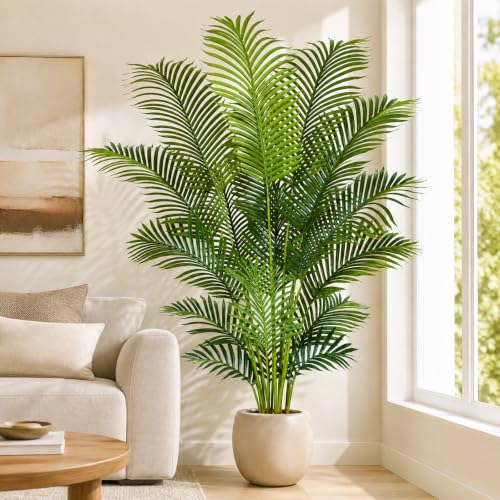 Image of Artificial Palm Tree 6ft Tall Fake Palm Tree Indoor Decor with 18 Leaves and Real Bark Design Faux Tropical Areca Palm Silk Floor Plant in Pot for Home Office Living Room Bedroom Decor 1pcs