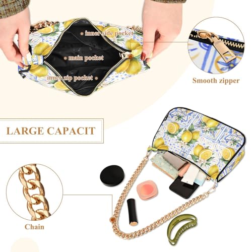 Image of Shoulder Bags for Women Vintage Yellow Lemon Fruit and Blue Print Hobo Tote Handbag Small Clutch Purse with Zipper Closure