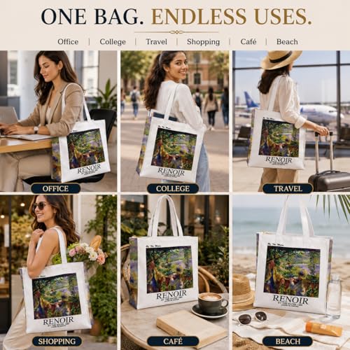 Image of Artsy Canvas Tote Bag for Women | Zipper Closure, Bottle Holder & Keychain Hook | Premium Cotton Canvas Bag for Travel, College, Office | Reusable Shopping Tote Bag Gift