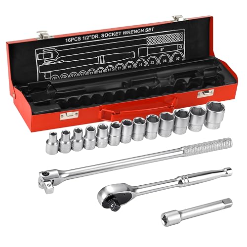 MaxPower 16pcs Juego de Llaves de Vaso Métricas con Breaker Bar Tuerca Torsión 1/2', Llave de Trinquete 1/2' y Barra de Extensión 130 mm, Kit Profesional para Bricolaje y Coche