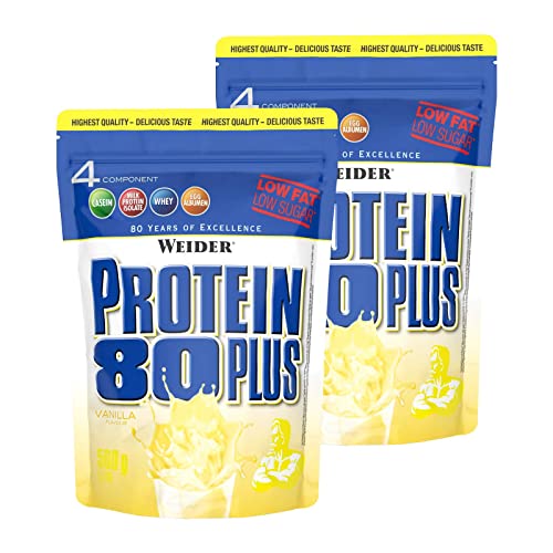 WEIDER Protein 80 Plus Eiweißpulver, 2 Pack, Vanille, Low-Carb, Mehrkomponenten Casein Whey Mix für Proteinshakes, 2x500g