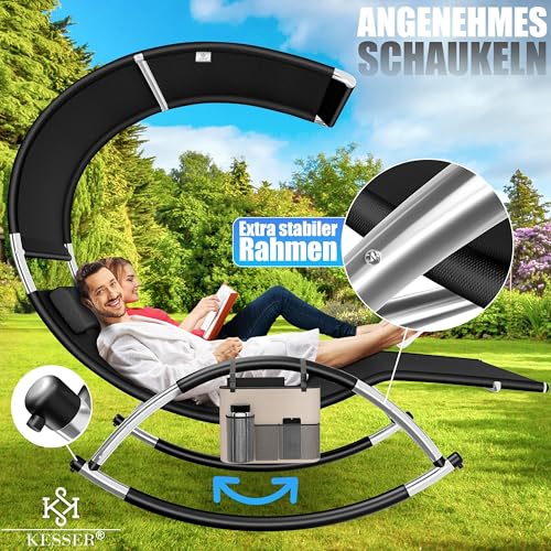 KESSER® Doppel-Sonnenliege Doppelliege mit Sonnendach, Kopfkissen Tasche für 2 Personen, Relaxliege, Gartenliege, Schaukelliege ergonomische Liegefläche, 240 kg Belastung, Seitentasche, Schwarz