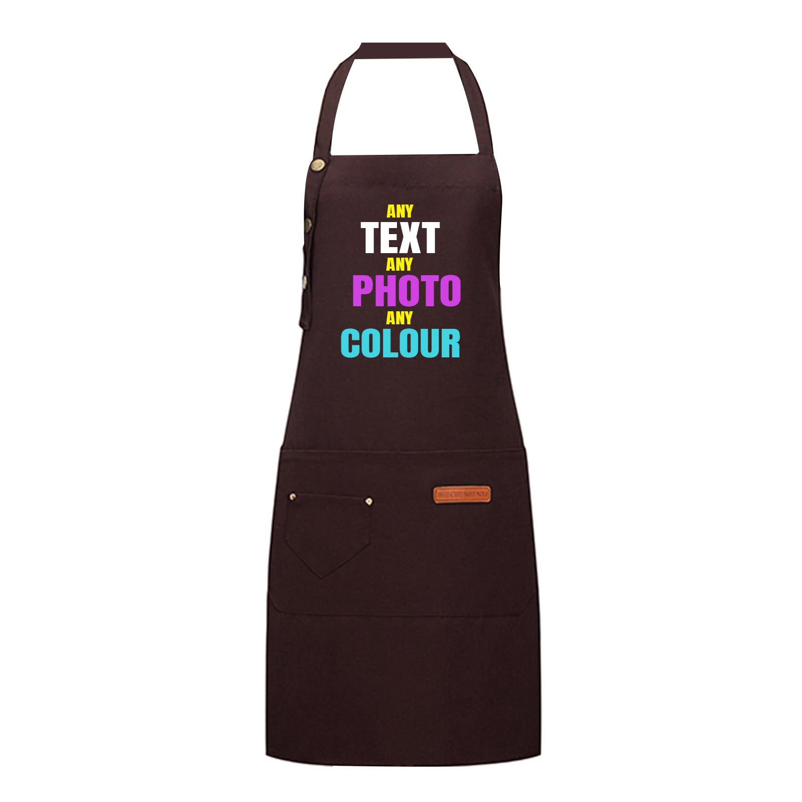 Personalised Apron | Customisable Aprons for Men and Women | Adjustable Straps | Kitchen & BBQ | Large Pockets | Waterproof (Brown)