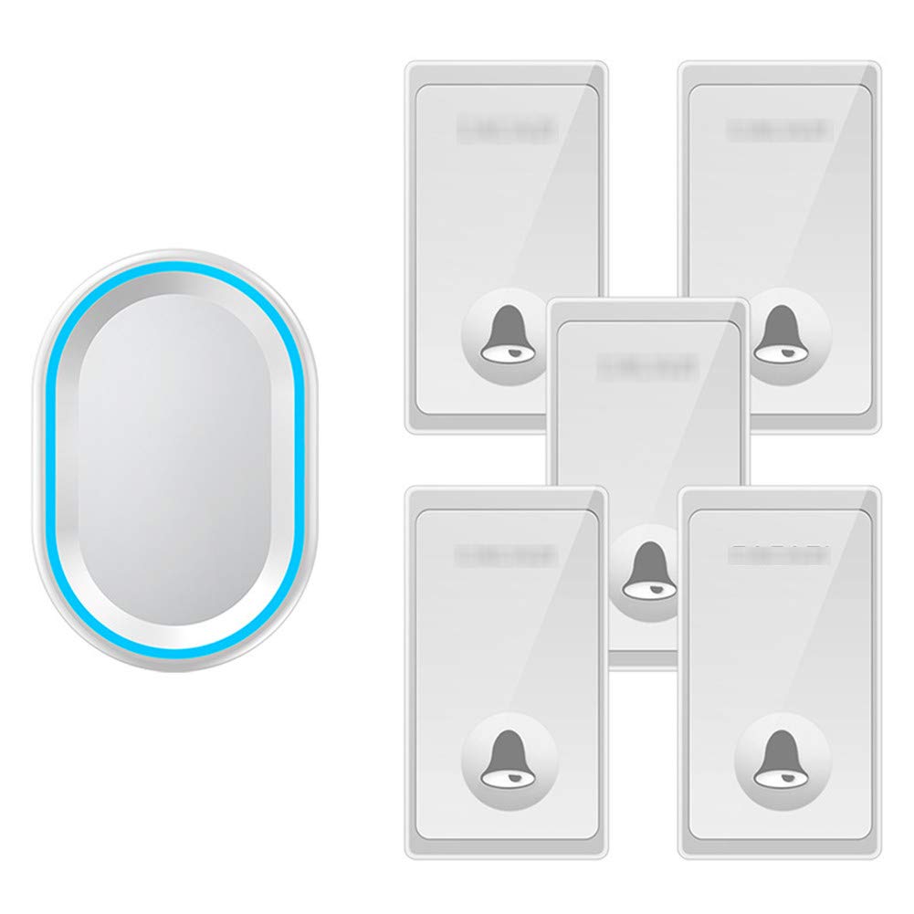 Sonnette sans fil, carillon de porte étanche IP44, 5 boutons poussoirs et 1 récepteur enfichable avec lumière flash bleue, 4 niveaux de volume réglables, 58 mélodies, convient pour la maison, (2