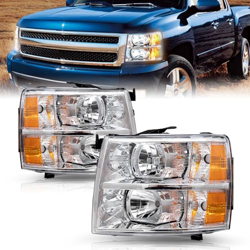 TUSDAR Fits for 2007-2013 Chevy Silverado 1500/2007-2014 Silverado 2500HD 3500HD Headlights Assembly Pair Set No Fogging OE Style Factory Replacement Chrome Housing & Amber Reflector