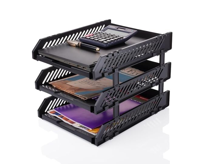 Image of File Tray Rack ABS Plastics | Foldable Office Desk Accessories | Durable & Sturdy | Easy Assembly | Efficient Organizer | Plastic Office Stationery Files Layer Rack -3LAYER (Black) (3)