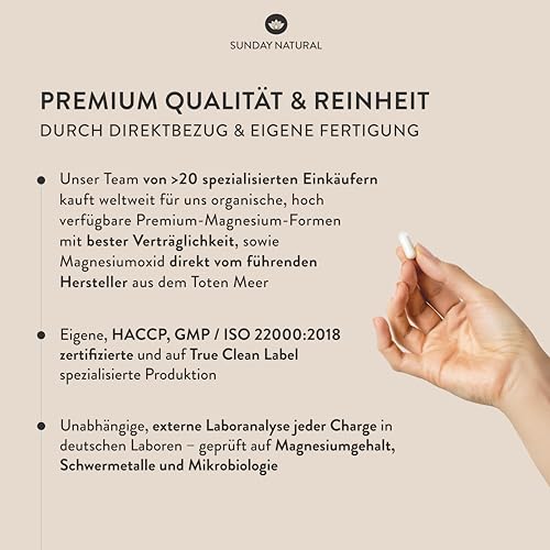 SUNDAY NATURAL® Magnesium Komplex – 240 Kapseln - 400mg pro Tag - aus 7 Verbindungen: Magnesium Bisglycinat, Citrat, Malat, Laktat, Ascorbat, Oxid, Lysinat - Vegan, laborgeprüft – Bild 5