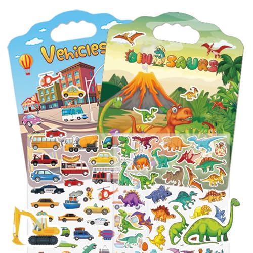Image of 2 Set Reusable Sticker Books for Toddlers 2-4 Years, Puffy Reusable Sticker Activity Book for Kids Toddlers 1-3 Girls Boys Birthday Gifts Include Vehicles&Dinosaur