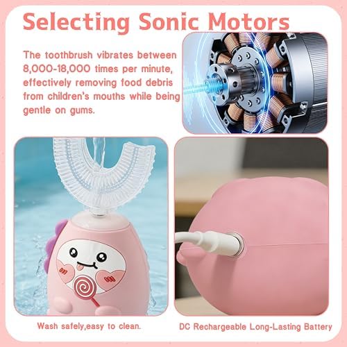 Kids U Shaped Electric Toothbrush with 4 Brush Heads, Sonic Toothbrush Kids with 3 Modes, Cartoon Lollipop 360-Degree Cleaning IPX7 Waterproof Design (Age 2-12 (Pink)) — view 5