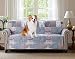 Patchwork Sofa Protector 70 Inch Soft Pet Proof Furniture Cover Patterned Paris Print Reversible Quilted Scroll Layers, Enhanced Strap, Machine Wash Arm Chair Slip Cover for Kids, Latte