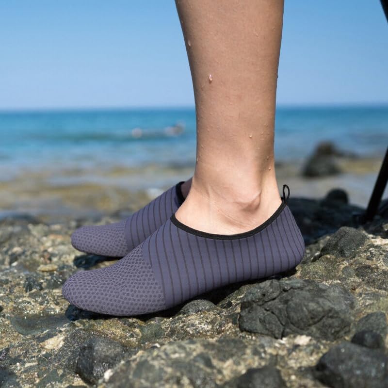 Mens Womens Water Shoes Quick Dry Barefoot Shoes Non-Slip Aqua Socks for Beach Swim Light Grey Stripe