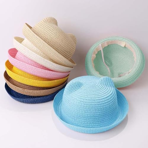 Strohhut, niedlicher Babyhut mit Ohren, Sommerhut für Mädchen, Jungen, Sonnenschutz, Sonnenhut, Strandhut