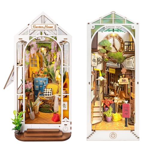 ROBOTIME DIY Book Nook Kit with LED Light Decorative Bookend (Garden House+Sunshine Town)